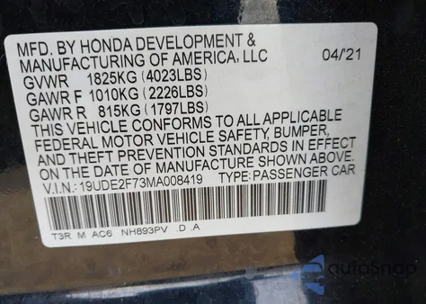 2021 Acura Ilx Premium Package/Technology Package из США, поврежденный, VIN 19UDE2F73MA008419